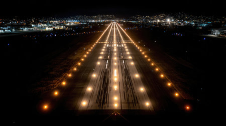 A stunning aerial view of a runway illuminated by bright lights at night, showcasing the hustle of city life in the background, embodying travel spirit.の素材