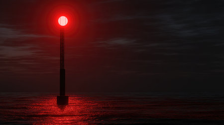 A solitary red buoy stands tall in the dark ocean under a dramatic cloudy sky, casting a vibrant glow that illuminates the surrounding waters and creates a tranquil atmosphere.の素材