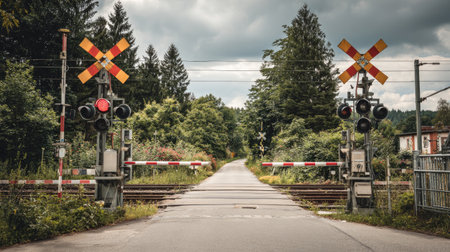 This image features a serene railway crossing with warning signals, nestled among lush greenery and dramatic clouds, creating a peaceful rural scene.の素材