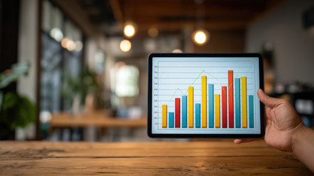 A person holds a tablet displaying colorful bar graphs in a modern office, showcasing data visualization techniques for business analysis.の素材