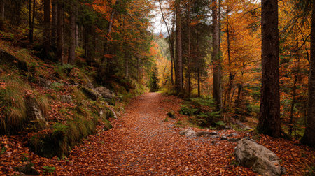 A serene autumn pathway winds through a vibrant forest, showcasing colorful leaves underfoot, inviting wanderers to explore the beauty of nature.の素材