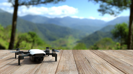 A modern drone placed on a wooden table overlooks a breathtaking mountain landscape under a sunny sky. This image captures a sense of adventure and exploration.の素材