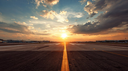 A stunning view of an airport runway during sunset, showcasing vibrant colors in the sky and dramatic cloud formations, perfect for travel themes.の素材