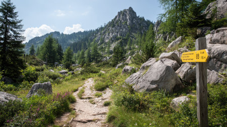 A tranquil mountain pathway meanders through a vibrant landscape of rocks and greenery, with a directional signpost marking the way. Ideal for outdoor enthusiasts.の素材