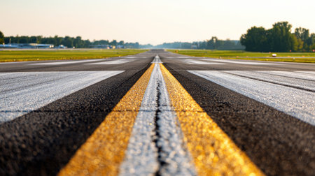 This image showcases a close-up view of yellow and white stripes on a spacious airport runway, capturing the essence of travel and adventure under a clear sky.の素材