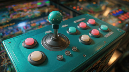 A close-up view of a vintage arcade gaming controller showcasing colorful buttons and a joystick, capturing the spirit of classic gaming and amusement.の素材