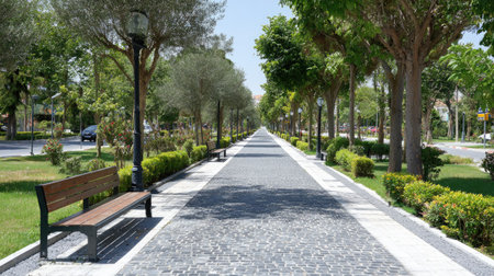 A peaceful pathway lined with trees and benches invites leisurely strolls in a bright, sunny environment. A perfect blend of nature and design.の素材