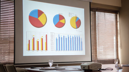 This image shows a professional office setting where colorful graphs and charts are displayed on a wall, ideal for business meetings or presentations, highlighting data analysis.の素材
