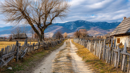 A picturesque dirt road meanders through a peaceful rustic village, lined with wooden fences and barren trees, set against a stunning mountainous backdrop.の素材