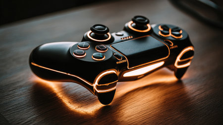 A sleek game controller illuminated by soft warm light rests on a wooden surface. This captivating image captures the essence of gaming, making it ideal for technology enthusiasts and creative projects.の素材