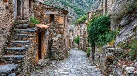 Explore a charming cobblestone street in an ancient village, surrounded by scenic mountains. This picturesque scene showcases rustic stone buildings and vibrant greenery, inviting travelers to experience a peaceful escape in nature's embrace.の素材