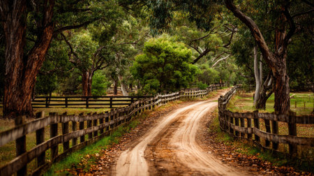 This picturesque image captures a winding dirt path, embraced by vibrant greenery and tall trees, creating an idyllic rural scene perfect for outdoor enthusiasts.の素材