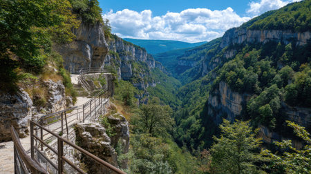 Experience the breathtaking beauty of a lush mountain valley framed by dramatic cliffs and a vibrant sky. Perfect for outdoor enthusiasts and nature lovers.の素材