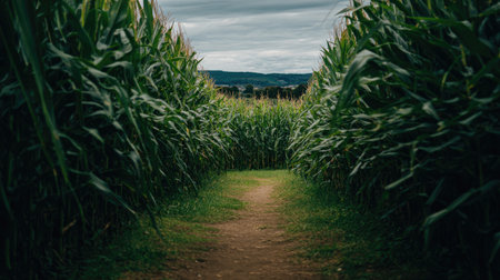 A serene pathway through a lush cornfield, framed by towering green stalks under a gently clouded sky. Ideal for agricultural themes and nature enthusiasts.の素材