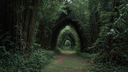 Explore a captivating pathway through a lush bamboo grove, featuring natural arches that create a serene and tranquil environment perfect for nature lovers.の素材
