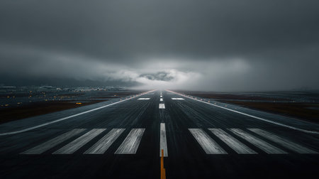 This image presents a striking view of an empty runway set against a moody, overcast sky. The dramatic cloud formations and soft light create an atmospheric tension, inviting contemplation on travel and journey.の素材