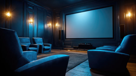Immerse yourself in a luxurious home theater featuring plush blue chairs, ambient lighting, and a large screen, perfect for a comfortable movie experience.の素材
