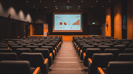 This image captures the interior of a modern conference room featuring empty seating arranged for an audience, centered around a large screen showing detailed graphs and charts.の素材