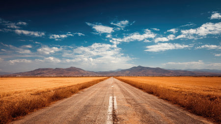 A stunning image of an open road stretching through golden fields under a blue sky adorned with soft clouds. Distant mountains add depth to this tranquil landscape.の素材