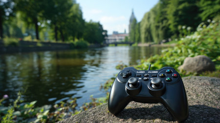 A game controller rests on a stone near a tranquil river, surrounded by lush greenery and sunlight reflecting on water, perfect for nature lovers.の素材
