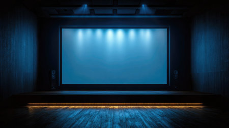 A tranquil theater stage featuring a large empty projection screen, illuminated by soft blue lights, surrounded by wooden flooring and sound equipment.の素材