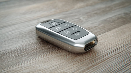 A sleek and modern car key fob lies on a wooden surface, showcasing buttons for lock, unlock, and trunk release, highlighting contemporary automotive design.の素材
