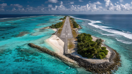 This stunning aerial photo captures an isolated runway on a tropical island, framed by crystal clear turquoise waters and vibrant green trees.の素材