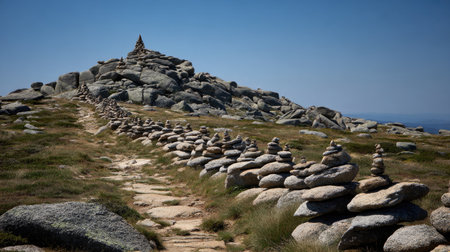 This captivating image showcases a serene landscape featuring meticulously arranged stone cairns on a rocky terrain under a clear blue sky. The view offers a sense of tranquility and exploration, inviting outdoor enthusiasts and nature lovers alike to appreciate the beauty of the natural world.の素材