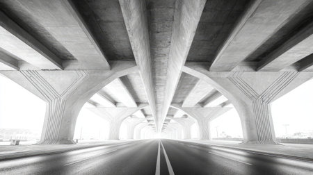 This black and white photograph captures the striking symmetry of a concrete bridge underpass, featuring a long empty road that evokes a sense of tranquility and minimalist beauty.の素材