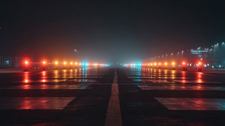 A misty view of an airport runway at night, showcasing colorful lights reflecting on the wet surface, creating an atmospheric transportation scene.の素材