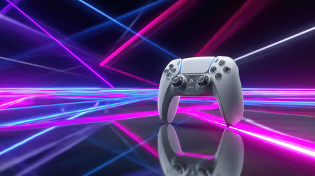 This image showcases a futuristic gaming controller placed against a backdrop of colorful neon lights, creating a captivating atmosphere ideal for gaming-related projects.の素材
