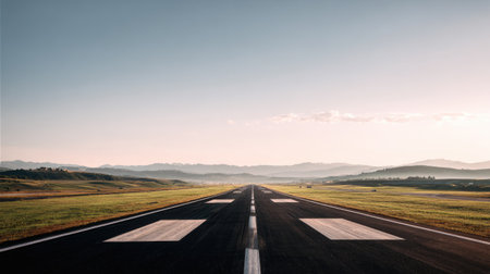 Captivating image of a deserted airport runway stretching towards the horizon, framed by majestic mountains and lush greenery under a clear sky at sunrise.の素材