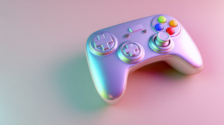A sleek and modern gaming controller featuring a shiny finish and vibrant buttons rests on a soft pastel surface, symbolizing contemporary gaming culture.の素材