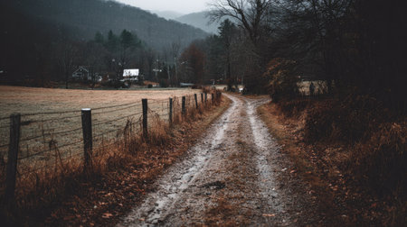 A peaceful dirt road meanders through a rural landscape under an overcast sky, surrounded by misty mountains and autumn trees, perfect for escapes.の素材