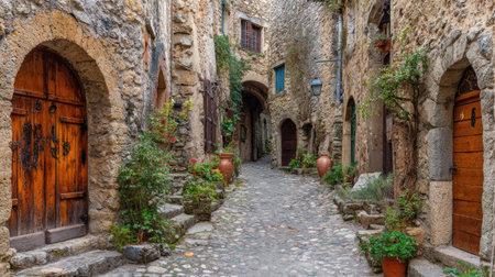A beautiful cobblestone street lined with rustic stone houses featuring wooden doors, surrounded by greenery, offering a peaceful atmosphere perfect for exploration.の素材