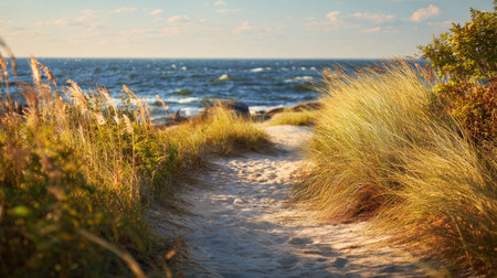 A tranquil pathway winds through vibrant grass, leading towards the expansive ocean under a clear sky, perfect for nature lovers and wanderers.の素材