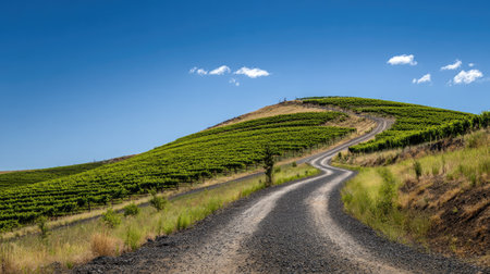 A picturesque view of a winding dirt road leading through vibrant green vineyard hills under a bright blue sky. Ideal for travel and nature themes.の素材