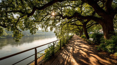 A picturesque river walk adorned with lush trees and gentle sunlight creates a peaceful atmosphere for strolling. Ideal for nature lovers and explorers.の素材