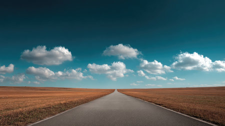 An inviting open road stretches through a serene rural landscape, framed by a vibrant blue sky dotted with fluffy clouds. The perfect scene for exploration.の素材