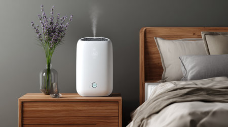 A stylish humidifier sits on a wooden nightstand in a tranquil bedroom, complemented by lavender plants and soft bedding to create a serene atmosphere.の素材