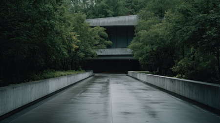A serene concrete pathway leads through lush green foliage, creating a tranquil atmosphere on a gloomy day, perfect for urban and nature photography.の素材
