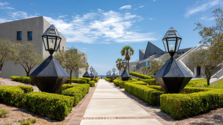 A beautifully designed pathway leads through a garden adorned with unique lamps and vibrant greenery, showcasing modern architecture under a clear blue sky.の素材