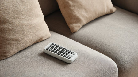 This image features a remote control resting on a beige couch adorned with soft cushions, perfect for illustrating relaxation and comfort in a modern living space.の素材