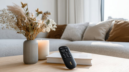 A serene living room scene depicting a remote control, candle, and dried flowers arranged on a wooden table, complemented by soft pillows.の素材