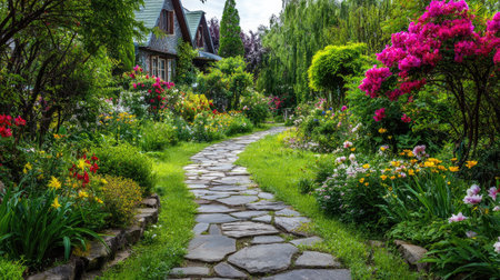 A picturesque stone pathway meanders through a vibrant garden filled with colorful flowers and lush plants, creating a serene and inviting atmosphere.の素材