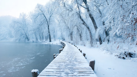 This image captures a peaceful winter scene featuring a snow-covered pathway winding alongside a frozen lake, framed by frost-laden trees.の素材