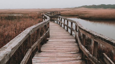 A beautiful wooden pathway meanders through a misty marshland, surrounded by tall grasses and tranquil waters, offering a serene escape into nature.の素材