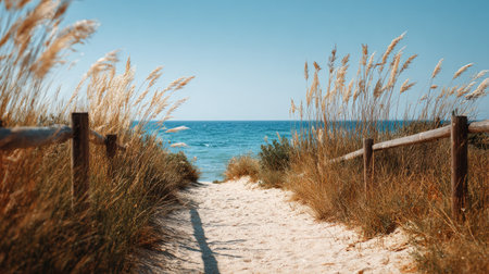 A picturesque pathway meanders through tall grass, leading to a serene beach with clear blue water under a bright, sunny sky, evoking a sense of tranquility.の素材