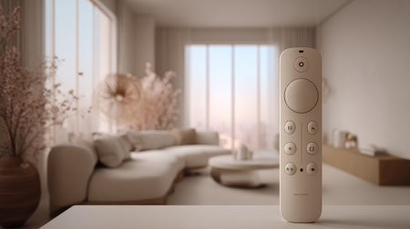 This image features a modern remote control placed on a table in a stylish living room. The setting showcases a minimalist design, soft colors, and elegant decor, creating a serene atmosphere perfect for relaxation and modern living.の素材