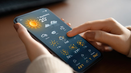 A person interacts with a smartphone displaying a detailed weather forecast. The bright interface shows sunny icons and temperatures, creating a modern lifestyle atmosphere.の素材